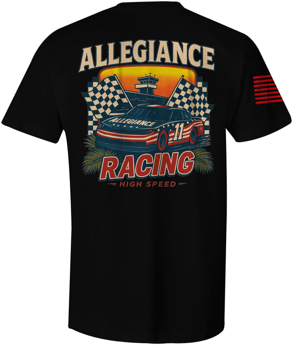 Back view of Allegiance Racing Tee featuring patriotic stock car and checkered flag design with text âAllegiance Racing High Speedâ