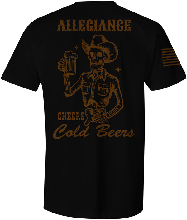 Back of Cold Beer Graphic Tee in black showcasing large skeleton raising a beer with "Allegiance" text and Western-style design.