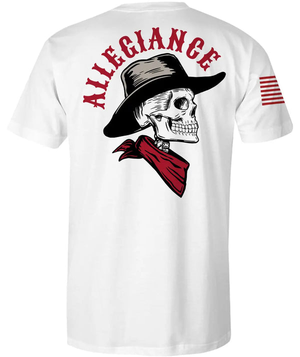 Back of Cowboy Tee in white showing large skull wearing cowboy hat and bandana, with “Allegiance” above the design.
