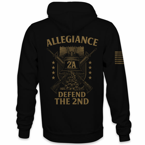 Back view of Allegiance Defend Liberty Hoodie with Liberty Bell, rifles, and rattlesnake graphic