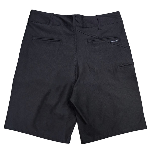 Back of Black Allegiance Jax Hybrid Short showing welt pockets, side utility pocket, and durable hybrid fabric