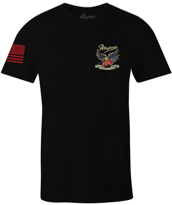 Front of Loyalty Tee in black featuring small patriotic bald eagle chest graphic with crossed American flags and "United We Stand" banner.