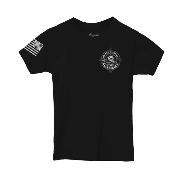 Black Serpent Toddler Tee with skull and rattlesnake design from Allegiance Clothing Front view of Serpent Toddler Tee featuring "United By Faith" and "Allegiance" text Back view of Serpent Toddler Tee with detailed circular graphic and American flag sleeve