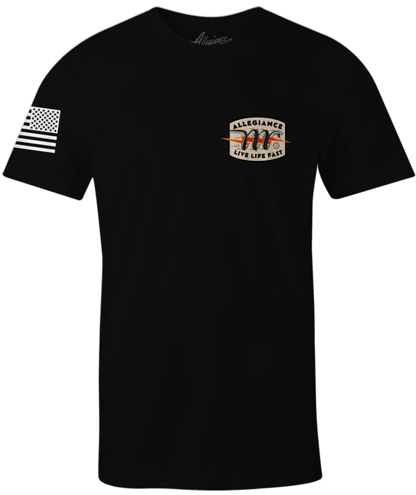 Front of Snake Bite Tee in black featuring small "Live Life Fast" chest graphic and American flag on the sleeve.