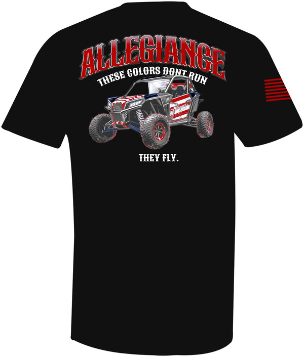 Back of They Fly Tee in black showcasing large American flag-themed Polaris RZR graphic with bold Allegiance branding and “They Fly” slogan
