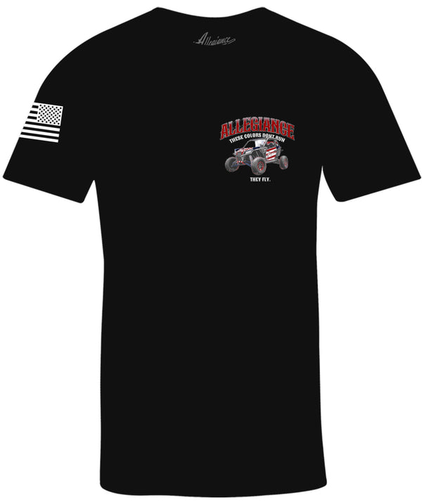 Front of They Fly Tee in black featuring small patriotic Polaris RZR chest graphic and American flag sleeve print.