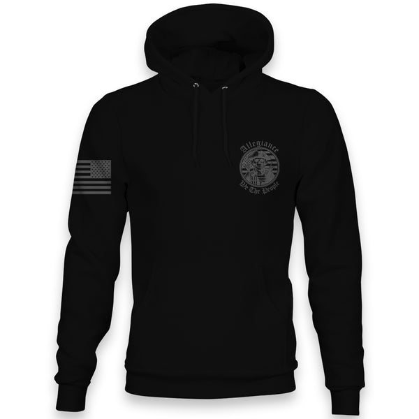 Front view of Allegiance We The People Hoodie with skull patriot design