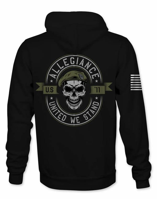 Back view of Allegiance Beret Hoodie with skull in military beret design