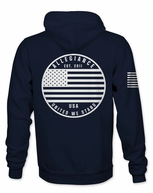 A navy blue hoodie with the 'Allegiance' brand logo and a representation of the American flag on the front, back, and sleeve.
