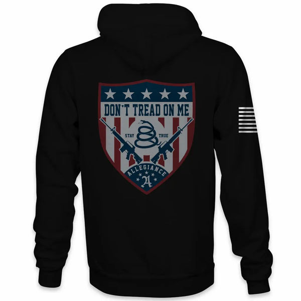 Back view of Allegiance Don’t Tread Shield Hoodie with shield rifles serpent and Don’t Tread On Me graphic