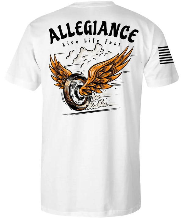 White Wheelin' Tee showcasing large flaming tire and wing burnout graphic with patriotic design.