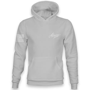 “Front view of Allegiance Classic Hoodie in Lunar Rock with white chest logo and white American flag sleeve print.