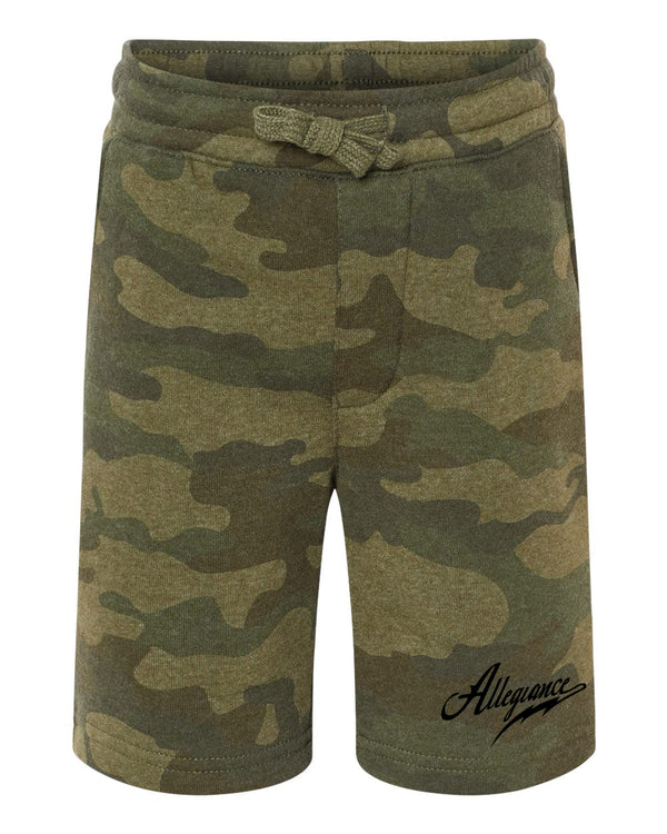Front view of Allegiance Classic Youth Shorts in camo pattern with fleece fabric and drawcord waistband.