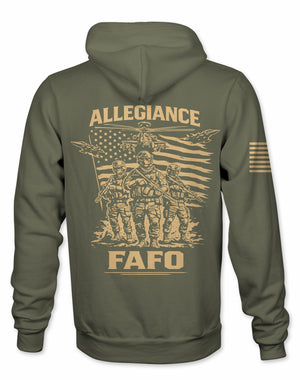 An olive green hoodie shown from the back, featuring a large tan graphic print of three soldiers in front of an American flag with the words 'ALLEGIANCE' above and 'FAFO' below. A smaller tan flag graphic is printed on the left sleeve.