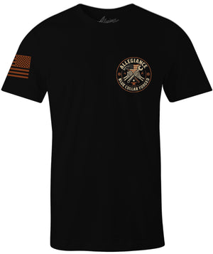 Black t-shirt with Blue Collar Forged artwork and American flag sleeve