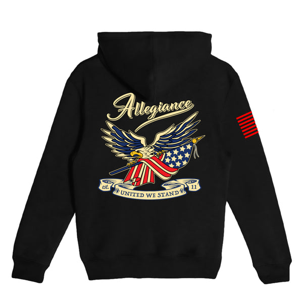 Patriotic Loyalty Youth Hoodie back graphic featuring eagle holding American flag.