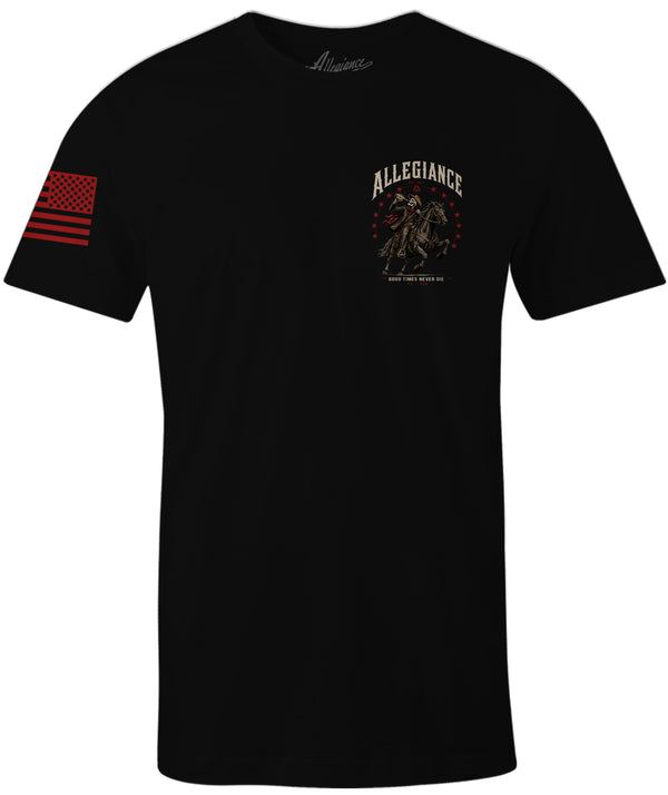 A black short-sleeve t-shirt with a distressed red American flag graphic on the right sleeve and a distressed red and beige 'ALLEGIANCE' graphic on the left chest, shown on a plain white background.
