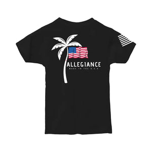 Black Vibe Toddler Tee back with palm tree and American flag design from Allegiance Clothing Black Vibe Toddler Tee back with "Allegiance" logo and "Made in the USA" text from Allegiance Clothing